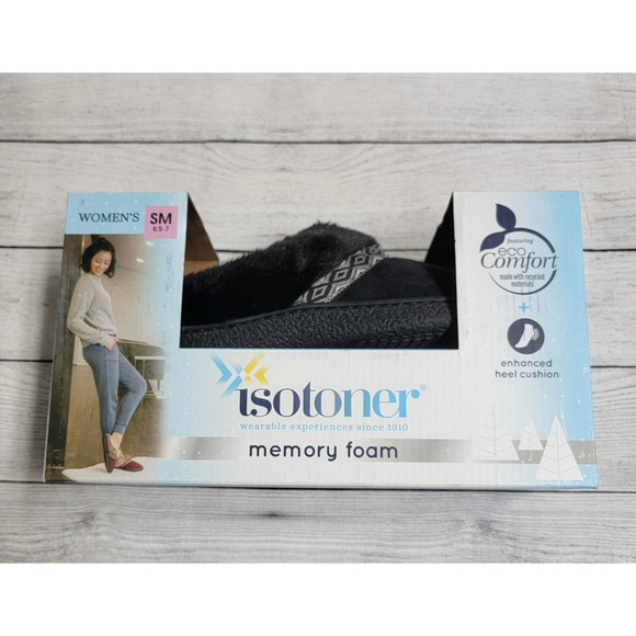 Isotoner Memory Foam Hoodback Comfort Slippers Black Size SM (6.5-7) - Picture 2 of 5